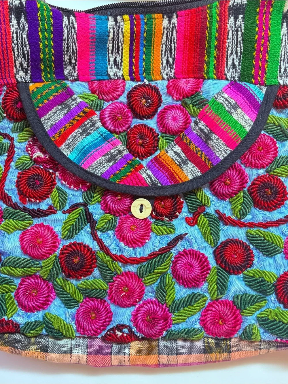 Vintage Guatemala Huipil Boho Shoulder Bag Raised Floral Embroidered Hippie